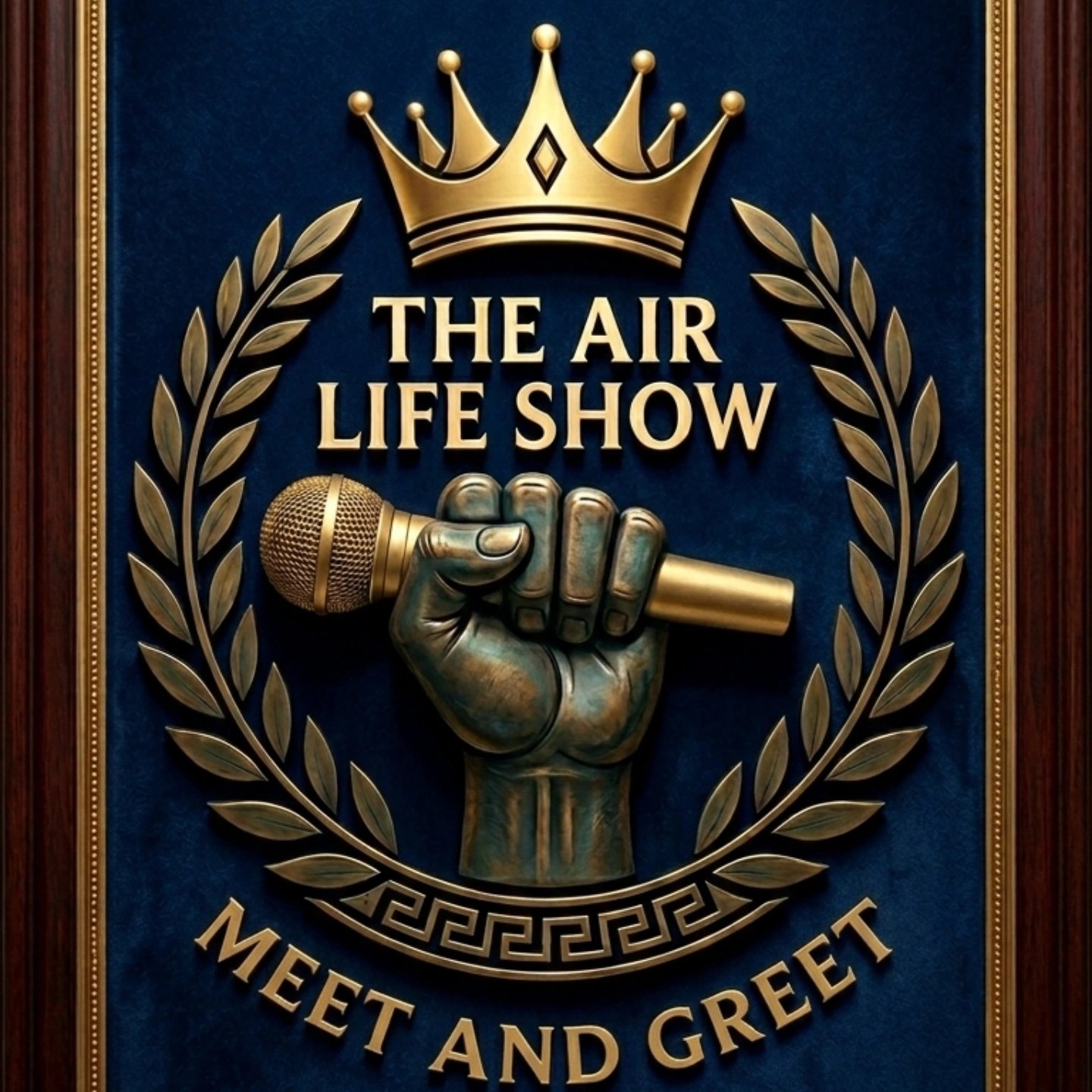 Logo for The Air Life Show meet and greet featuring a golden crown, fist holding microphone, and laurel wreath on dark blue background