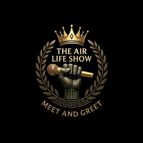 Gold logo for The Air Life Show Meet and Greet featuring a crown, fist holding microphone, and laurel wreath on black background