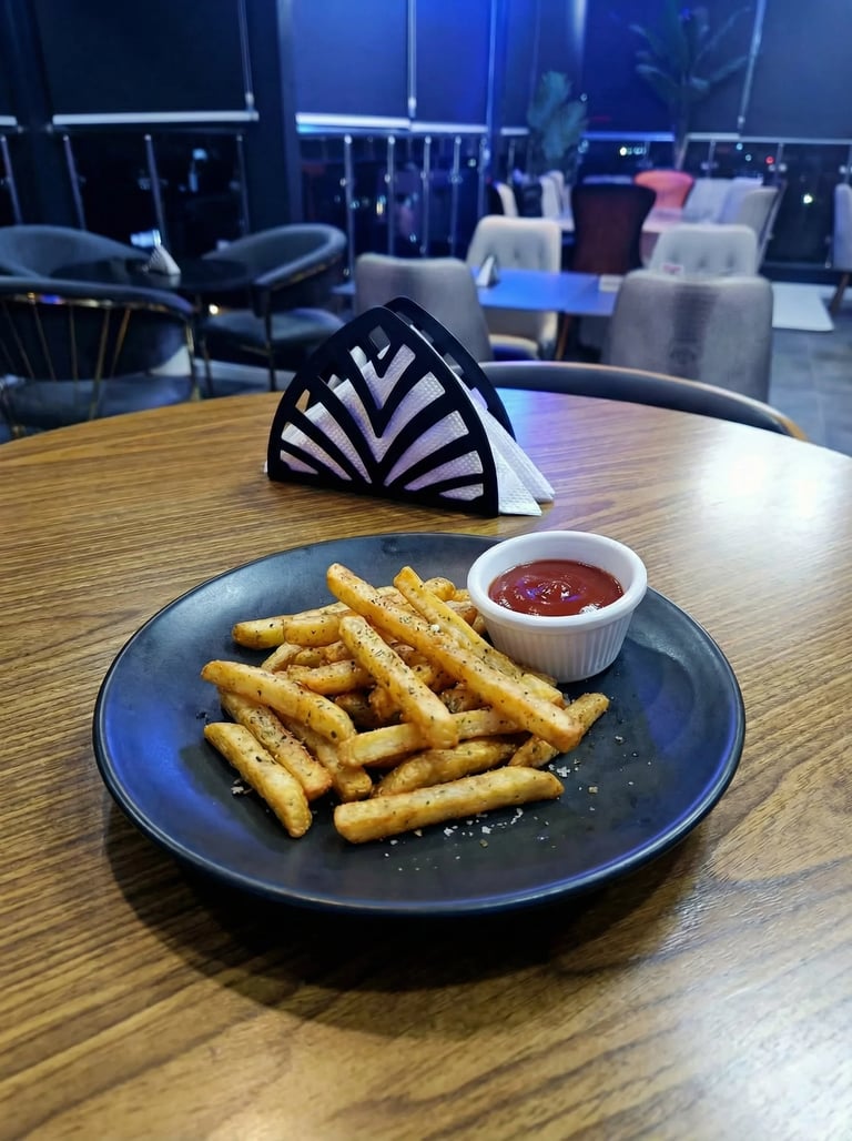 Plate of golden french fries with ketchup on wooden table in modern restaurant setting with blue lighting