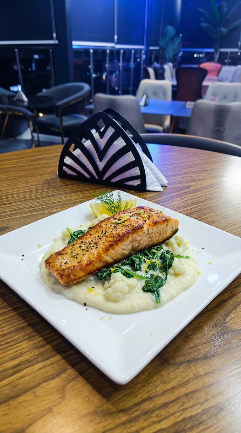 Plated salmon fillet with mashed potatoes and sauteed spinach on a white plate in an upscale restaurant with blue ambient lighting