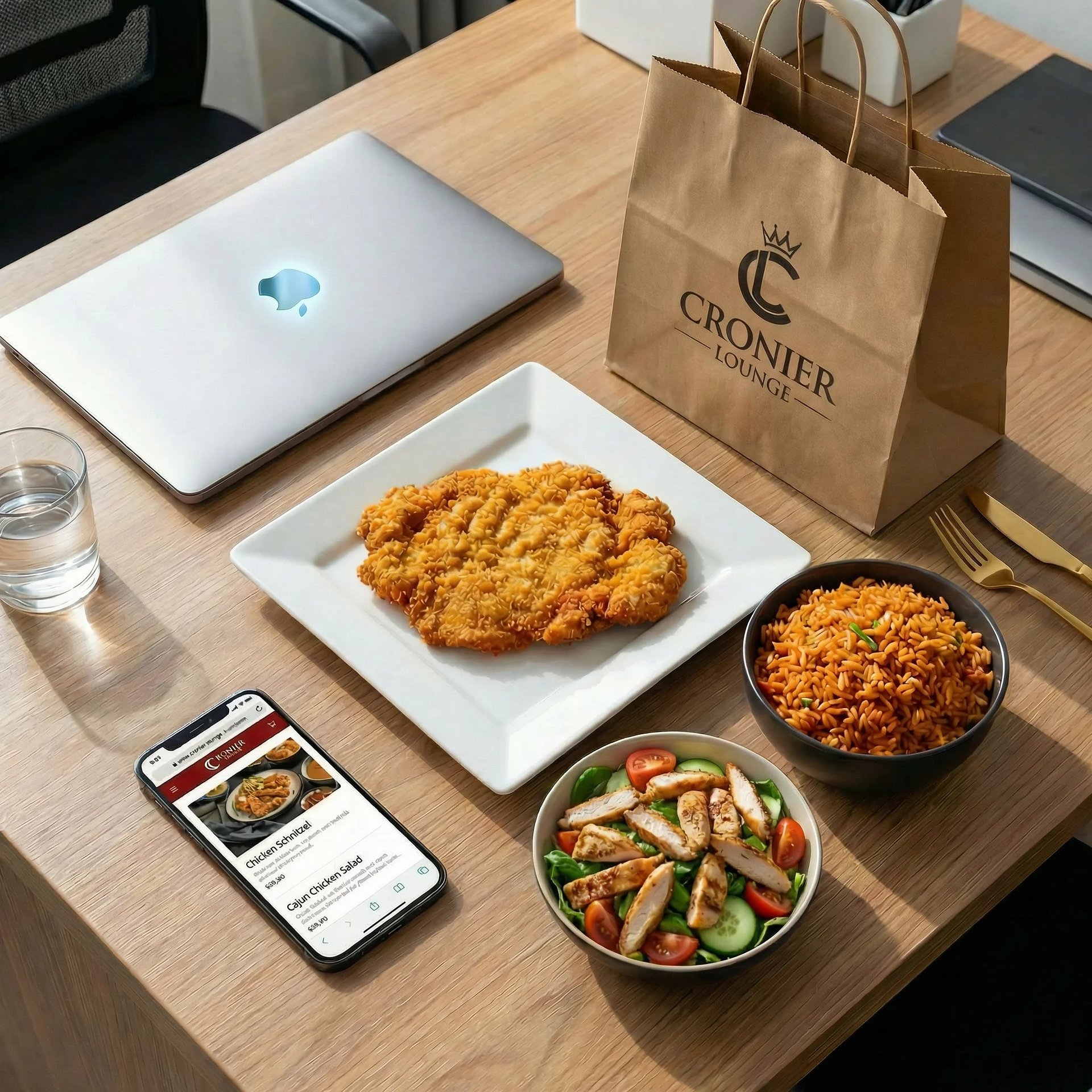 Wooden table with MacBook laptop, fried chicken on white plate, rice bowl, vegetable stir-fry, water glass, smartphone showing food app, and Cronier branded paper shopping bag