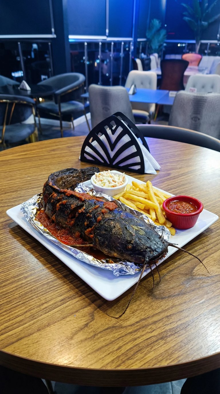 Grilled lobster tail with garlic butter, fries, and ketchup on a white plate at a modern dining restaurant with blue-lit windows and contemporary seating