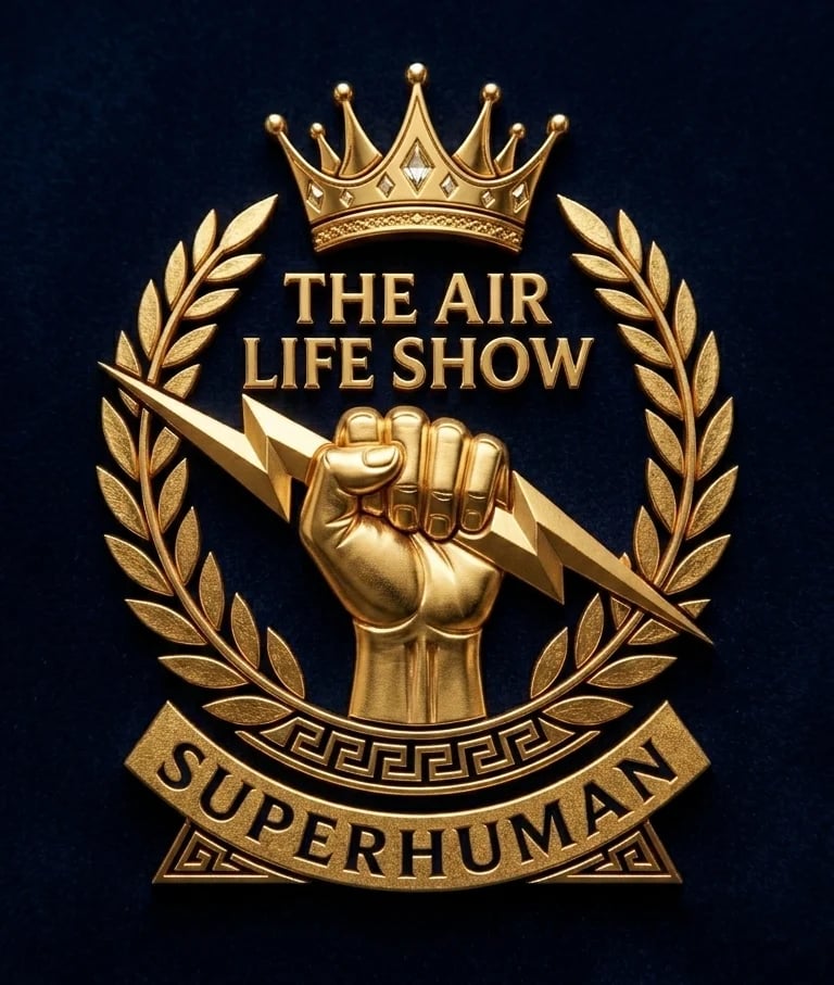 Gold emblem featuring a crown, fist holding lightning bolt, laurel wreaths, and text reading The Air Life Show Superhuman